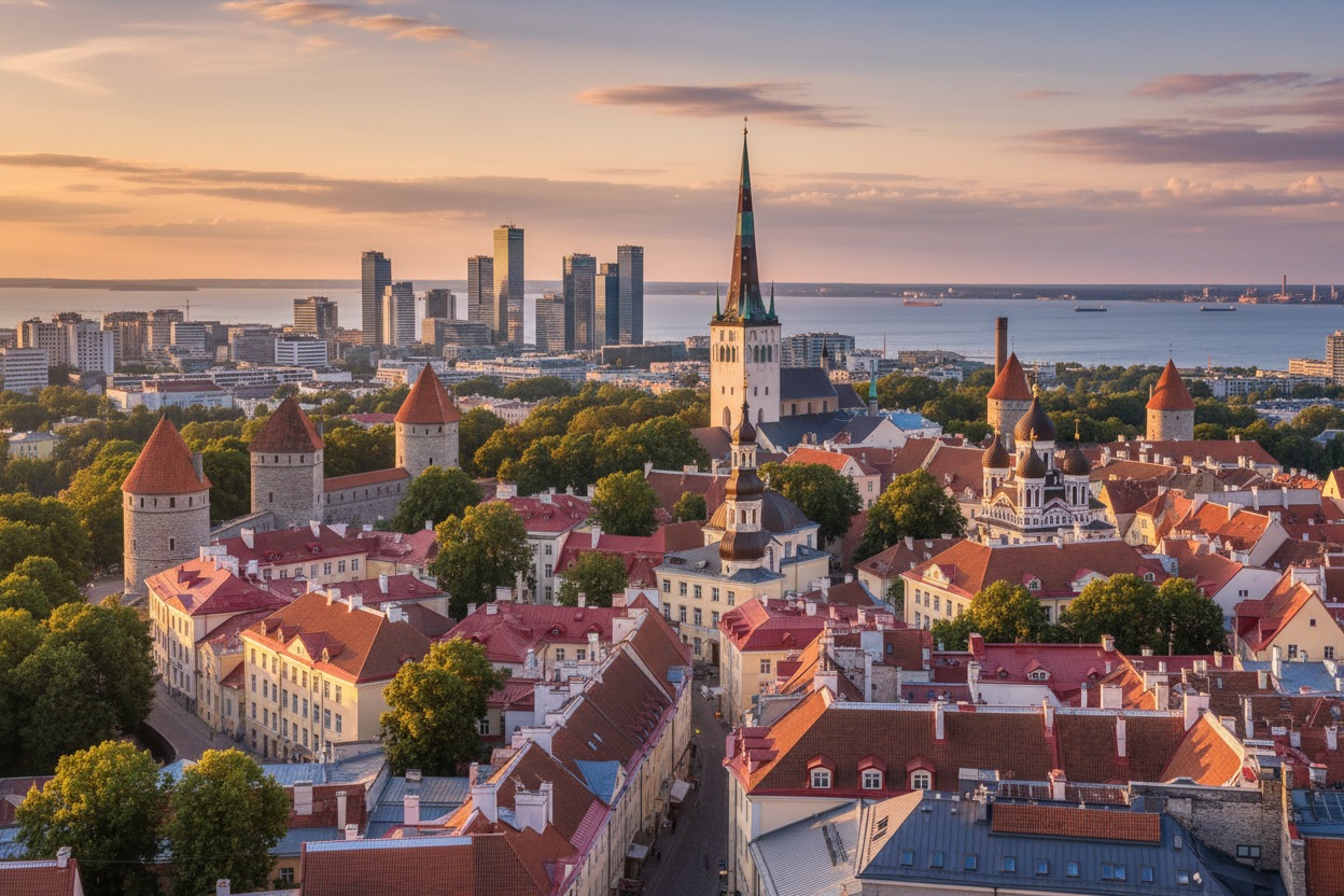 Tallinna vanalinna panoraam punaste katuste ja kirikutornidega õhtupäikeses, taustaks meri ja moodsad pilvelõhkujad.